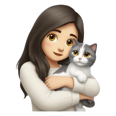 a girl with long dark brown hair, in a white sweater, hugs a Scottish fold grey and white one cat. sticker