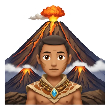 a avatar wearing ancient animal skin cloth with volcano behind, half body, icon sticker