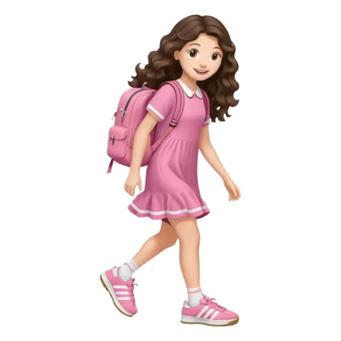 aestethic brunette very,very,very long wavy hair walking with a school backpack (no brand) with a cute pink dress, adidas samba shoes sticker