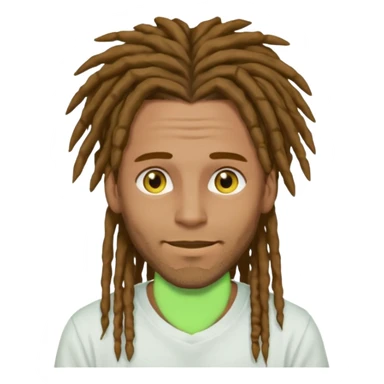 man with brown dreads covering forehead white tee golden eyes light green skin  and white smile sticker
