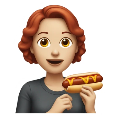 White woman with dark red hair eating hotdog sticker