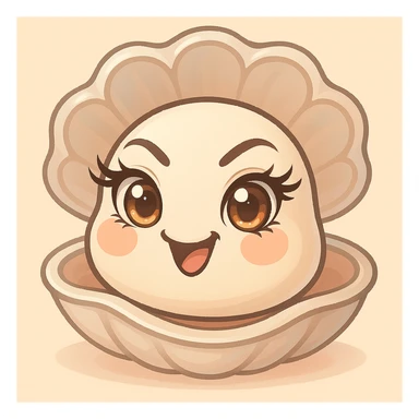 Create a version with even more expressive and luminous eyes, elegant eyelashes, and enhanced pastel, pearly, cream, peach, and greige shades. Keep the large shell, small oyster, pastel toon style, background, and mischievous expression as in the reference image. sticker