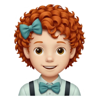 redhead kid with unique face features and very curly hair kid boy happy and braces on teeth, wearing a bow on head on hair just one bow sticker