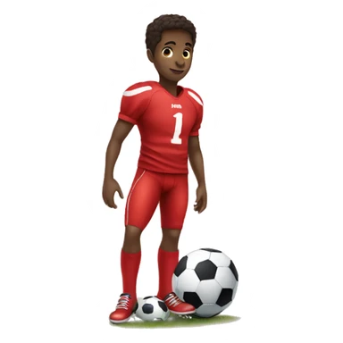 A kid in a red football shirt with his foot on a football sticker