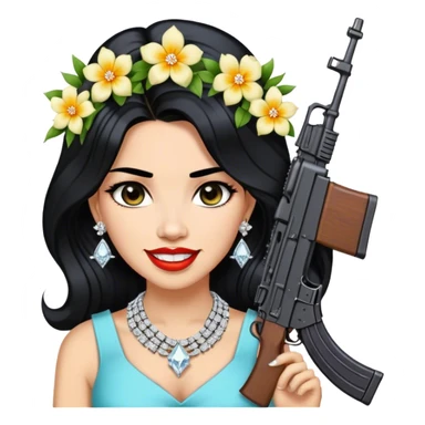 A beautiful woman with flowers in her hair, holding an AK-47 and has diamond grills in her teeth and big diamond chain on her neck that says icy and big diamond earrings and black hair sticker