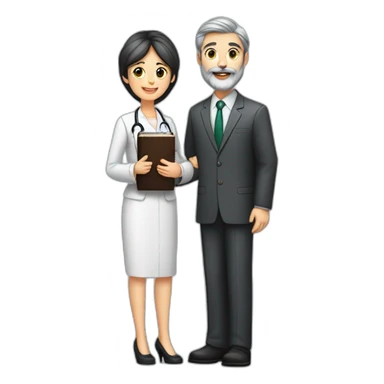 husband classy caucasian dark gray hair trimmed beard wearing business suit holding bible, with wife asian age 55 dark hair nurse uniform, no children sticker