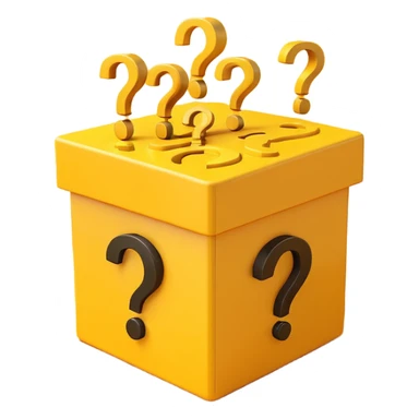  box printed with q&a over stuffed with yellow question marks sticker
