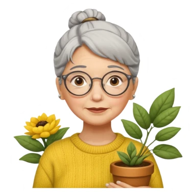 Abuela con cabello canoso en moño, expresión tierna, gafas redondas, suéter amarillo y detalles relacionados con plantas. Estilo amable y acogedor. sticker
