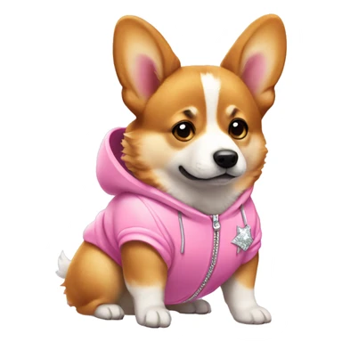 Corgie wearing a fuzzy pink tracksuit with diamonds sticker