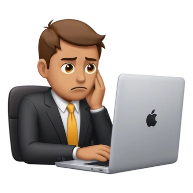 Minimalist emoji of a sad businessman at a laptop, looking exhausted and frustrated. sticker