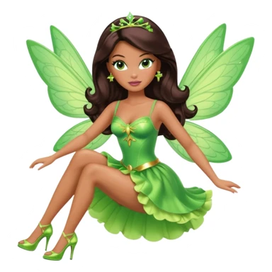 Pretty thick Barbie girl with caramel skin. Dark brown hair and brown eyes. She has freckles. Wearing sexy makeup. Wearing a green fairy costume and heels and flying sticker