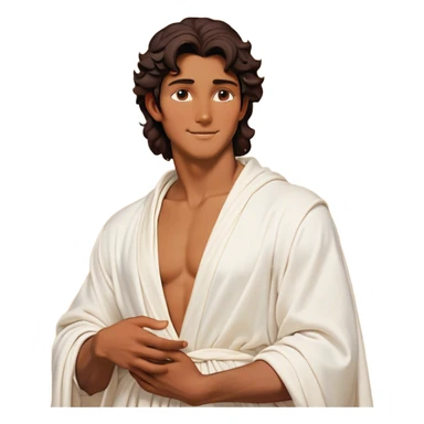 Cinematic Realistic Hercules Portrait, head tilted playfully and inquisitively, showcasing a charming blend of Disney heroic charisma and the refined grace of Michelangelo's David. His sun-kissed bronze skin and thick, wavy dark hair are rendered with classical precision, complementing a warm, inviting smile and sparkling, mischievous eyes. Clad in a softly draped white robe with subtle golden details, he exudes approachable strength under gentle, natural lighting. sticker