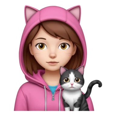 girl in pink hoodie and brown hair with a black and white cat sticker