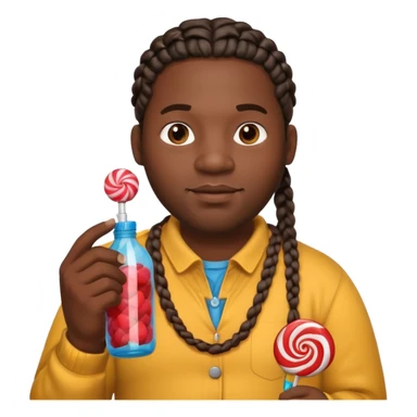Big black man with braids hold a bottle and a lollipop sticker