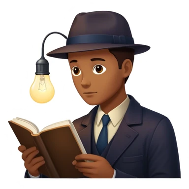  detective reads a book with a bold silhouette of a person on the cover, symbolizing a subject under investigation. The cover’s design is minimalist yet striking, hinting at mystery and deep research. A glowing lightbulb above the detective’s head signifies a moment of realization. sticker