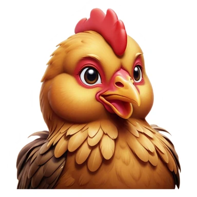 Cinematic Cute Brown Chicken Portrait Emoji, Head tilted playfully and inquisitively, featuring a lustrous brown feathered coat with a natural sheen and a subtle red comb, round, sparkling beady eyes filled with curiosity, Simplified yet irresistibly adorable features, highly detailed, glowing with a warm, friendly glow, high shine, affectionate and lively, stylized with a touch of country charm, bright and endearing, soft glowing outline, capturing the essence of a mischievous yet loving chicken, so playful it feels like it could peck out of the screen and into your arms! sticker