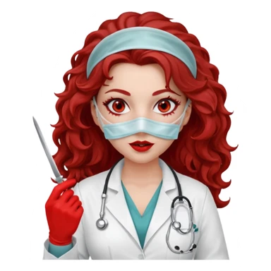 Scary woman scalpel in hand, evil surgeon sexy surgeon clothes.  She has red eyes. Her  brown long curly hair. Wears sexy doctor outfit with red gloves. make her hair free and brown but have mouthy  wear  mask  to hide. Wears white surgeon jacket and  face under a veil sticker