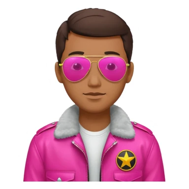 1980s man wearing reflective neon pink aviator sunglasses and a pilot jacket sticker