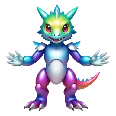 white iridescent colorful metallic alloy gradient shiny glossy Fakémon-Digimon-creature-hybrid (full body) sticker