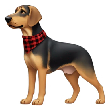 adult 75% Coonhound 25% German Shepherd mix dog with visible tail wearing small pointed red buffalo plaid bandana full body walking left quickly sticker