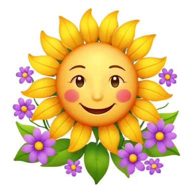 Happy smiling sun character with spring flowers blooming around it sticker