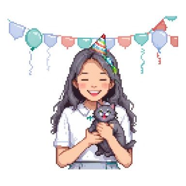 asian girl laughing, holding a grey cat, birthday party sticker