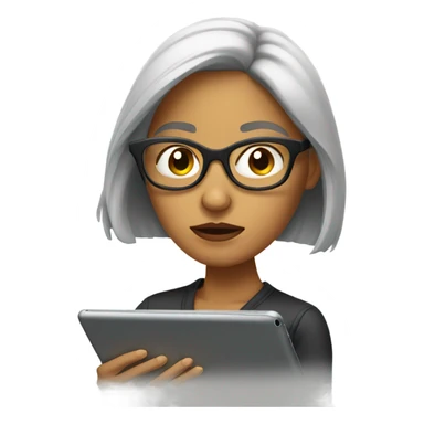 Woman with glasses thinking on an iPad sticker