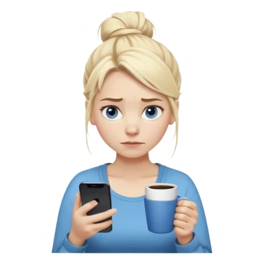 Cartoon emoji of a Scandinavian-looking woman with light blonde hair, pale skin, blue eyes. Portrait mode. Messy bun, tired eyes, tense face. Holding phone and coffee, rushed posture. Clearly busy, overwhelmed, slightly miserable. Smooth, simple, stylized sticker