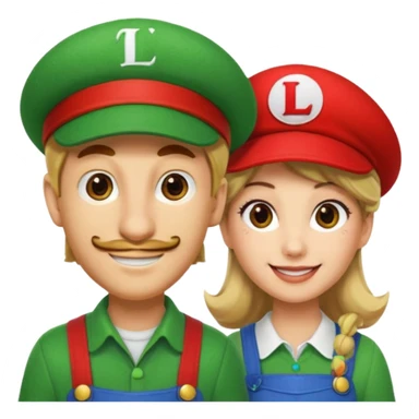 blonde female Luigi (with the Luigi green hat with an L on it) and a normal brown hair male Mario with the red hat with a M on it. They are friends just smiling sticker