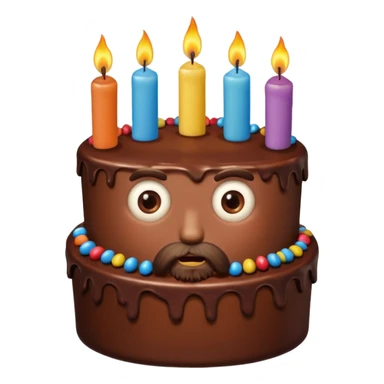 chocolate birthday cake with eyes and candles and beard sticker