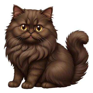 cinematic-[dark brown persian cat]-realistic-full-body-sitting-emoji,-tail-curled-playfully-around-its-paws,-head-tilted-dramatically,-fluffy-[dark brown]-fur,-simplified-yet-realistic-focused-features,-highly-detailed,-glowing-with-an-almost-sarcastic-glow sticker