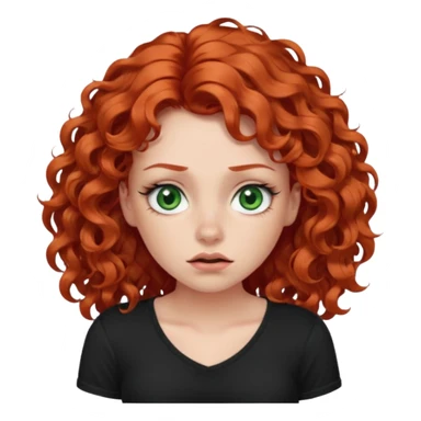 Red-haired girl with long curly hair and green eyes, rosy, with eyelashes, in a black T-shirt with a small neckline. She rolls her eyes, heard something very stupid sticker