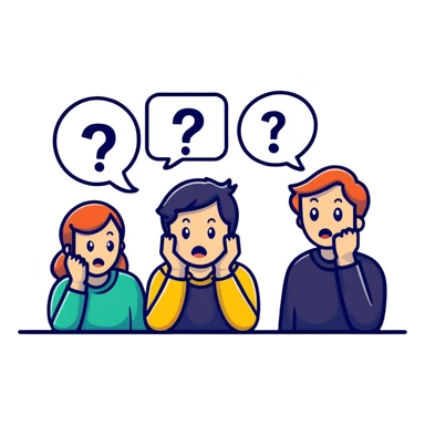 Team of people with bewildered expressions and question marks around them sticker