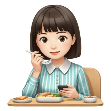 Gender: Female Hair: Blunt bangs with chin-length cut Face: Soft oval shape, closed-mouth smile Clothes: Collared striped blouse Action: Eating bento while scrolling phone sticker