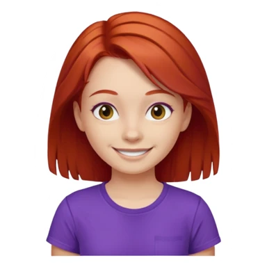 Young girl with red hair, wearing a purple T-shirt, with a smiling face sticker