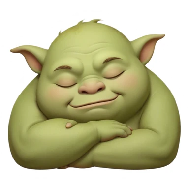 Meme-Worthy Cute Sleeping Ogre Portrait Emoji, with a surprisingly endearing, plump figure in soft earthy greens and browns, head drooping gently with closed, relaxed eyes and a content, sleepy grin, simplified yet adorably detailed, glowing with a soft warm outline that captures the peaceful slumber of a friendly ogre after a day of gentle mischief! sticker