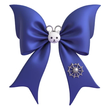 3D emoji gothic bow, midnight blue silk, silver bat charm, and subtle spiderweb pattern sticker