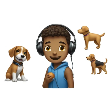 A boy playing with a dog with a ball, while listening to music on airpods and flying a drone sticker