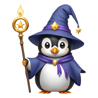 penguin wearing a wizard hat and robe holding a magic wand sticker