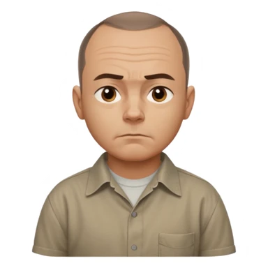 Carl from Sling Blade, serious expression, recognizable features, chin sticking out, slouching posture, no glasses, shirt with collar,  side view,show his entire body, he is standing. three-quarter face angle. He sticks his head forward. not apple style emoji sticker