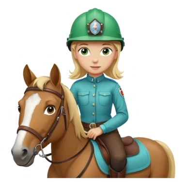 una ragazza bionda con occhi azzurri/verdi sopra un quarter horse con criniera marrone sticker