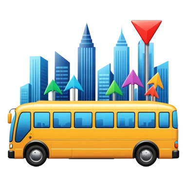 sleek bus from a slight angle with three colorful arrow signs pointing to city icons, no skyline, vibrant colors sticker