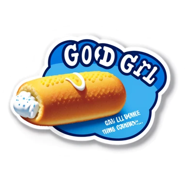 caption saying good girl. The picture of a Twinkie with white frosting all over it and a small blue washcloth on top of the Twinkie. ￼ sticker