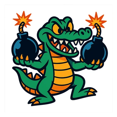 a crocodile holding cartoon bombs, mischievous expression, comic style, vibrant colors, energetic, fun illustration sticker