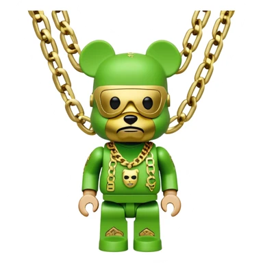classic bearbrick figure with lime green mask covered in chaotic brand logos, wearing several large gold chains, gold pendant, rapper style accessories, expressive eyebrows sticker