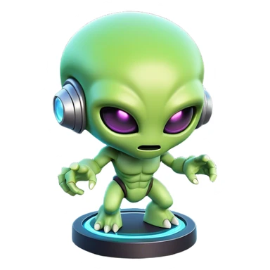 Clash of Clans aesthetic: Cinematic Playful 3D Isometric Alien Emoji, rendered in a 3D vector-style similar to standard emojis with minimal shading and bold, simplified shapes. A compact, distinct form with signature details, softly glowing with a futuristic sci-fi warfare charm. Simplified yet unmistakably iconic, highly detailed and consistent, glowing with a soft radiance and high shine. Stylized with a touch of high-tech brilliance and a soft glowing outline, capturing the essence of a beloved gaming relic with a friendly, playful manner! sticker