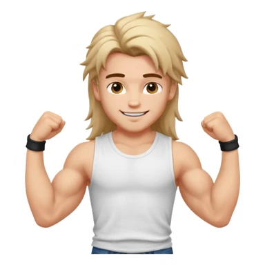 generate a pretty bratz boy with messy long mullet hair, sleeveless white tshirt, big biceps sticker
