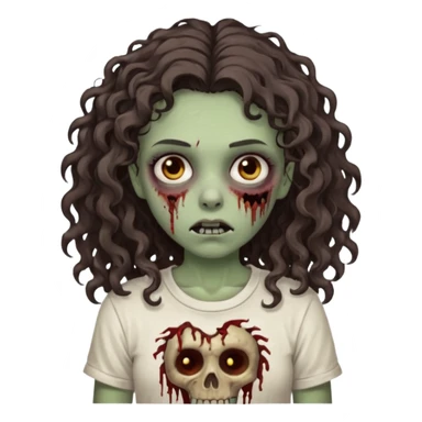 zombie girl with curly hair n brown eyes, dark and long hair 3a with wavy scalp, just a tshirt Ok but less curls and hair under te shoulder sticker