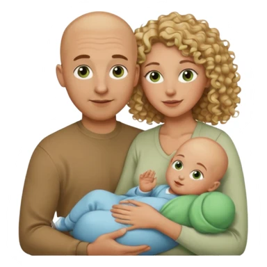 Un hombre calvo de ojos marrones con su mujer rubia de pelo rizado y ojos verdes sosteniendo un bebé niño de pelo rizado moreno y de ojos marrón verdoso sticker