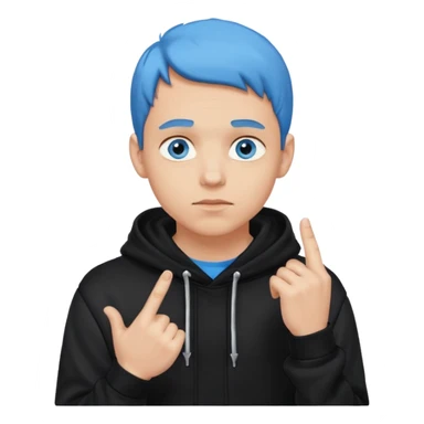 man in black hoodie in thinking pose, blue eyes, right hand raised, index finger touching his chin, eyes looking up to the top right sticker